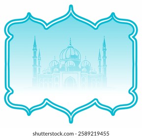 A uniquely shaped frame in light blue, surrounding a faint mosque illustration, creating a soft and calming effect.
