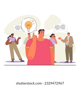 Uniqueness and individuality. Character standing out from the crowd, coming up with outstanding idea. Original idea or path to solve a problem. Flat vector illustration