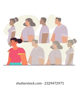 Uniqueness and individuality. Character standing out from the crowd. Original individuality, different appearance. Flat vector illustration