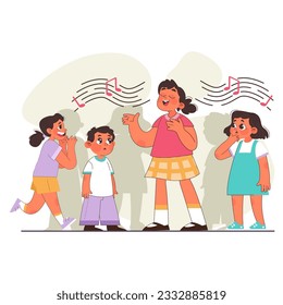 Uniqueness and individuality. Character standing out from the crowd, choosing another way. Talented little girl singing a song. Flat vector illustration