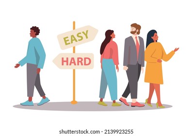 Uniqueness and individuality concept. Character standing out from the crowd, choosing another way. Flat vector illustration