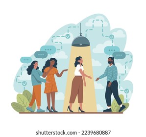 Concepto de singularidad e individualidad. Carácter destacándose de la multitud, eligiendo otra manera. Idea o ruta original. Ilustración vectorial plana