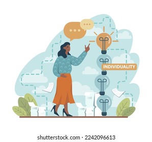 Concepto de singularidad e individualidad. Carácter destacándose de la multitud, eligiendo otra manera. Idea o ruta original. Ilustración vectorial plana