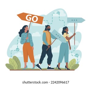 Uniqueness and individuality concept. Character standing out from the crowd, choosing another way. Original idea or path. Flat vector illustration