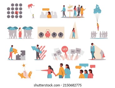 Uniqueness and individuality concept set. Character standing out from the crowd, choosing another way. Flat vector illustration