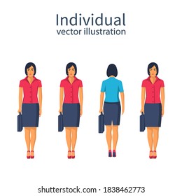 Unicidad e individualidad. Diferentes hombres de negocios. Destacando de la multitud. Diseño plano de ilustración vectorial. Aislado en segundo plano. Apártate de otra manera.