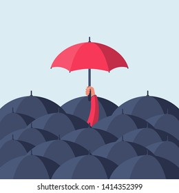 Uniqueness and individuality. Man holding a red umbrella among people with black umbrellas. Standing out from the crowd.Difference concept. Vector illustration flat design. Isolated on background.