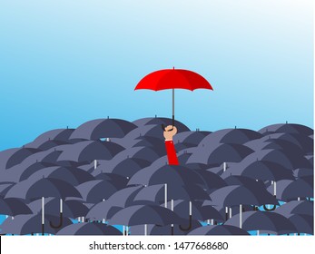 Uniqueness and individuality. Man holding a red umbrella among people with black umbrellas. Standing out from the crowd.Difference concept. Vector illustration flat design. Isolated on background.
