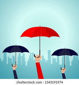 Uniqueness and individuality. Man holding a red umbrella among people with black umbrellas. Standing out from the crowd.Difference concept. Vector illustration flat design. Isolated on background.
