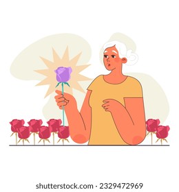 Uniqueness and individuality. One rose standing out from the others. Original and unique type, different appearance. Flat vector illustration