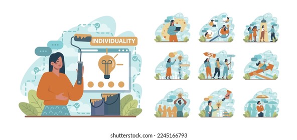 Uniqueness and individuality set. Character standing out from the crowd, choosing another way. Original idea or path. Flat vector illustration