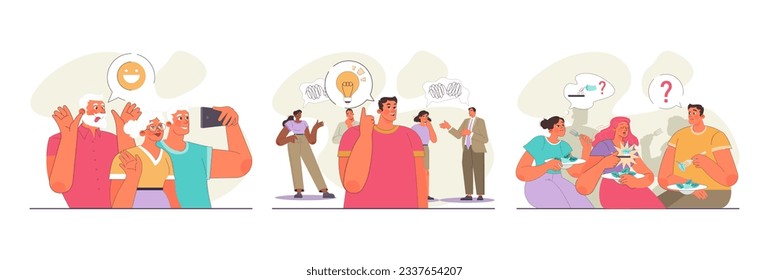 Uniqueness and individuality set. Character standing out from the crowd, choosing another way. Original idea or path, different appearance. Flat vector illustration