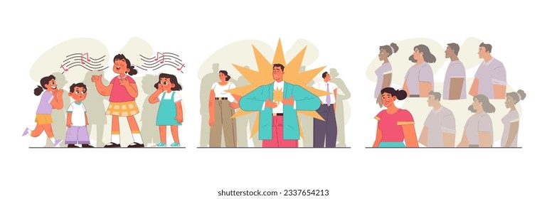 Conjunto de singularidad e individualidad. Carácter destacándose de la multitud, eligiendo otra manera. Idea original o ruta, apariencia diferente. Ilustración vectorial plana