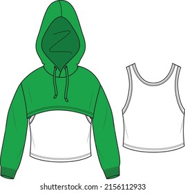 Unisex 2 in 1 Crop Hoodie. Sweatshirt technical fashion illustration with cord. Flat apparel sweat template front, colored. Unisex CAD mock-up.