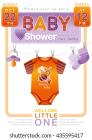 Unisex baby shower invitation design with body suit, socks, soother in orange and violet color. Cute bee icon.