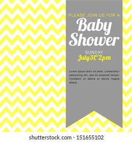 Unisex Baby Shower Invitation - Yellow And White Chevron Background - Vector Illustration EPS10