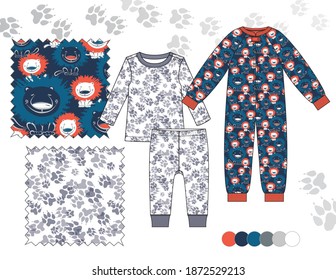 Unisex Baby Toddler Fashion Sleep Apparel Illustration. Vector Repeat Patterns Happy Lions Print and Paw Print Design on Navy Blue and White Background