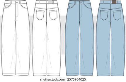 Unisex Baggy jeans, Boyfriend Jeans, Mom-fit Jeans, Denim Pants Front and Back View. Fashion Flat Sketch Vector illustration, CAD, Technical Drawing, Flat Drawing, Template, Mockup.