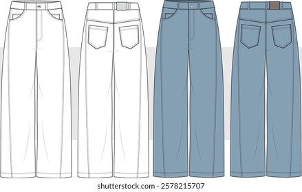 Unisex Baggy jeans, Boyfriend Jeans, Mom-fit Jeans, Denim Pants Front and Back View. Fashion Flat Sketch Vector illustration, CAD, Technical Drawing, Flat Drawing, Template, Mockup.