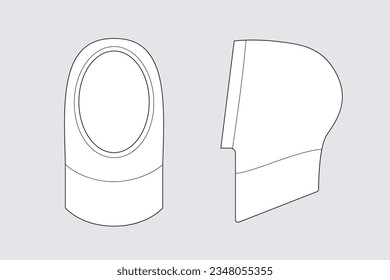 Unisex Balaclava, Kapuze, Fronthaubenvorlage einzeln auf grauem Hintergrund. Vorder- und Rückseite. Skizze der Mode-Technik des Zubehörmodells.