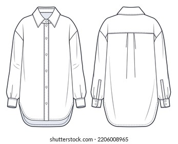 Unisex Basic Shirt technical fashion Illustration. Shirt fashion flat technical drawing template, button-down collar, cuffed long sleeves, relaxed fit, front, back view, white, unisex CAD mockup.