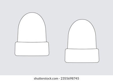 Unisex beanie hat, cap template isolated on a grey background. Front and back view. Outline fashion technical sketch of accessories model.