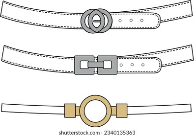 Unisex Belt Set. Technical fashion belt illustration. Flat accessory belt template front and back, white color. belt CAD mock-up.