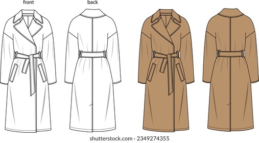 unisex belted trench coat blank template and colorful fashion mockup, outerwear vector flat illustration