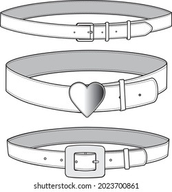 Unisex Belts Set. Technical fashion belt illustration. Flat accessory belt template front and back, white color. Unisex CAD mock-up. svg
