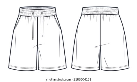 Unisex Bermuda Shorts technical fashion illustration. Short sweat Pants fashion flat template, elastic waist, front and back, white colour. Sportswear unisex CAD mock-up.