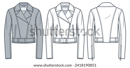 Unisex Biker Jacket fashion flat technical drawing template. Leather belted Jacket technical fashion Illustration, front and back view, white, grey, women, men, unisex CAD mockup set.