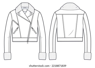 Chaqueta Unisex Biker con ilustración técnica Faux Fur. Moda de cuero de piel de oveja plancha de dibujo técnico plano, vista frontal y trasera, color blanco, mujeres, hombres, maquillaje CAD unisex.