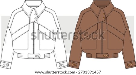 Unisex biker suede leather jacket fashion technical drawing, illustration. Style jacket, coat fashion sketch vector. Cad, Mockup.