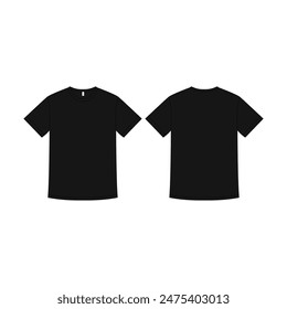 Unisex Black Blank T-shirt Design Vector Template Front and Back Technical Drawing Sketch Men T-Shirt Mockup Graphic Tee Apparel Mockup 