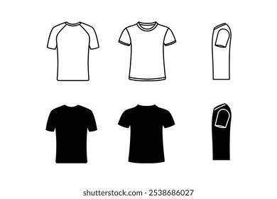 Unisex Black and Outlane T-Shirt Design Template Technical Sketch Vector Front Back - and Side View Short Sleeve Streetwear Illustration.