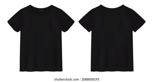 Unisex black t shirt mock up. T-shirt design template. Short sleeve tee. Front and back views. Vector illustration.