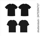 Unisex Black T-Shirt Design Template Front Back View Vector Technical Sketch - Short Sleeve Street-wear Apparel Illustration for Fashion CAD Tech Clothing