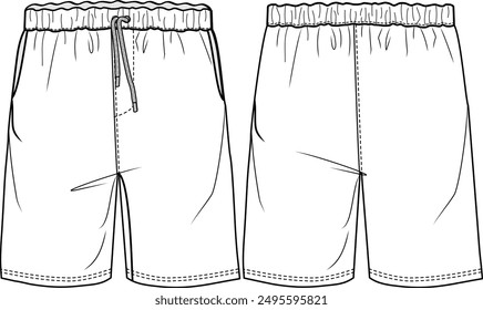 UNISEX BOTTOM WEAR SHORTS WITH POCKETS FRONT AND BACK FLAT SKETCH VECTOR ILLUSTRATION