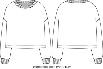 Unisex Boxy Basic Crop Sweatshirt. Technical fashion sweatshirt illustration. Flat apparel sweat template front and back, white colour. Unisex CAD mock-up.