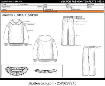 UNISEX BOYS GIRLS HOODIE SKETCH FASHION TEMPLATE TECHNICAL DRAWING ILLUSTRATION