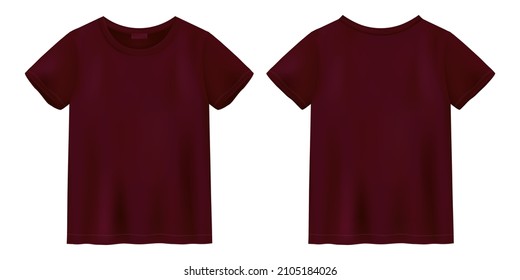 Unisex burgundy color t shirt mock up. T-shirt design template. Short sleeve tee. Front and back views. Vector illustration.
