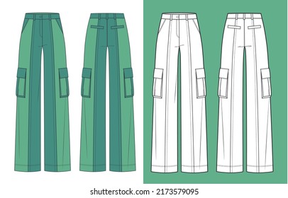 Unisex Cargo Pants Fashion Design, Cad Mockup. Cargo Trousers Fashion Flat Technical Drawing Template. 