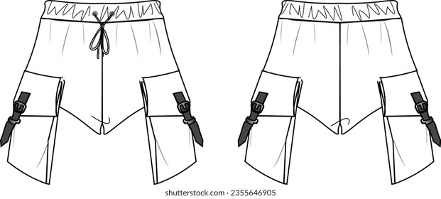 Unisex Cargo Shorts technical fashion Illustration. Short Pants fashion flat technical drawing template, front and back view, pockets, elastic waistband, white, women, men, unisex CAD mockup set.