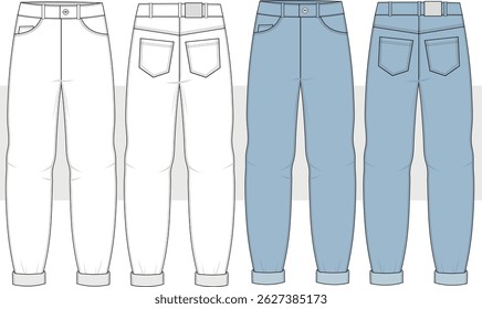 Unisex Casual namorado jeans, calças largas, calça jeans da mãe calça frente e vista traseira esboço plano desenho de ilustração de moda, ajuste fino jeans calças modelo vetor, CAD, Mockup.