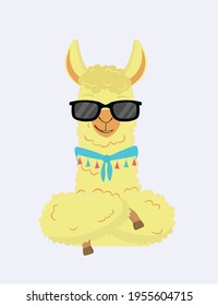 A Unisex Character. Cartoon Fluffy Cool Llama With A Bandage Around Its Neck. Yellow-orange Llama. Blue Scarf With Multicolored Fringes. Llama With Black Sunglasses. Flat Vector Illustration