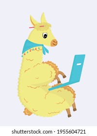 A Unisex Character. Cartoon Fluffy Llama With A Bandage Around Its Neck Works Hard On A Laptop. Yellow-orange Llama Sitting With Pencil In Its Hair. Llama With Big Eyes. Flat Vector Illustration