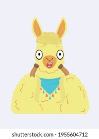 A Unisex Character. Cartoon Fluffy Scared Or Surprised Llama With A Bandage Around Its Neck. Yellow-orange Llama. Surprised Face With Open Mouth. Llama With Big Eyes. Flat Vector Illustration