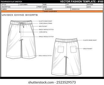  UNISEX CHINO SHORTS FLAT SKETCH FASHION TEMPLATE TECHNICAL ILLUSTRATION