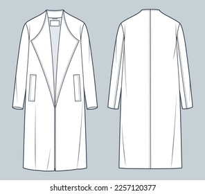 Unisex Coat technical fashion Illustration. Oversize Coat fashion flat technical drawing template, midi length, long sleeve, pockets, front and back view, white, women, men, unisex CAD mockup.