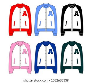 unisex college bomber jacket technical sketch back and front view in colors